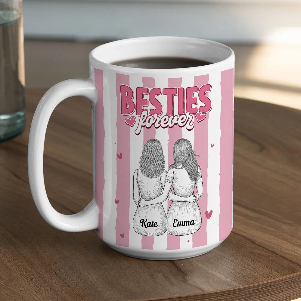 Besties Forever Ceramic Mug, Personalized Coffee Mug for Best Friend or Sister, Sweet Hug Illustration Unique Gift