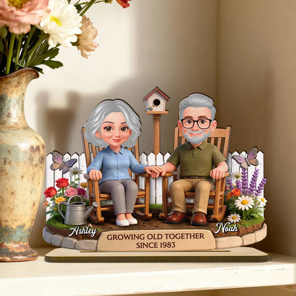 Personalized 2-Layer Wooden Plaque with Couple in Garden Rocking Chairs, Growing Old Together Unique Gift for Husband or Wife