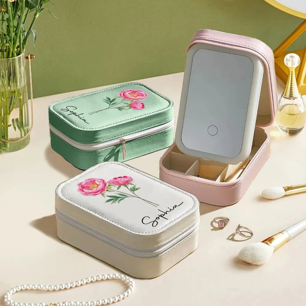 Leather LED Makeup Case With Birth Month Flower Art, Portable Lighted Mirror, Unique Gift For Her
