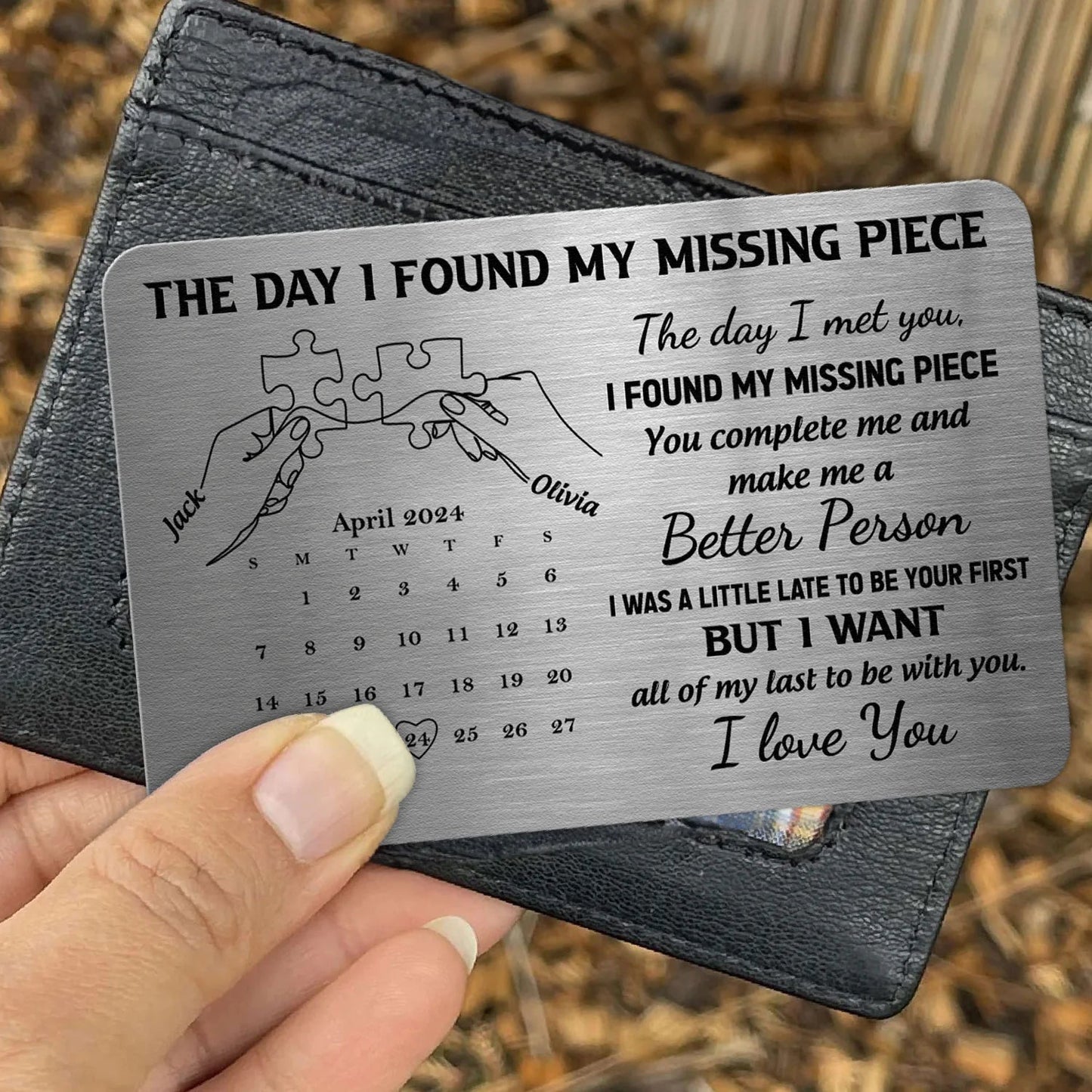 The Day I Found My Missing Piece Personalized Metal Wallet Card, Romantic Pocket Keepsake With Calendar, Unique Gift for Him