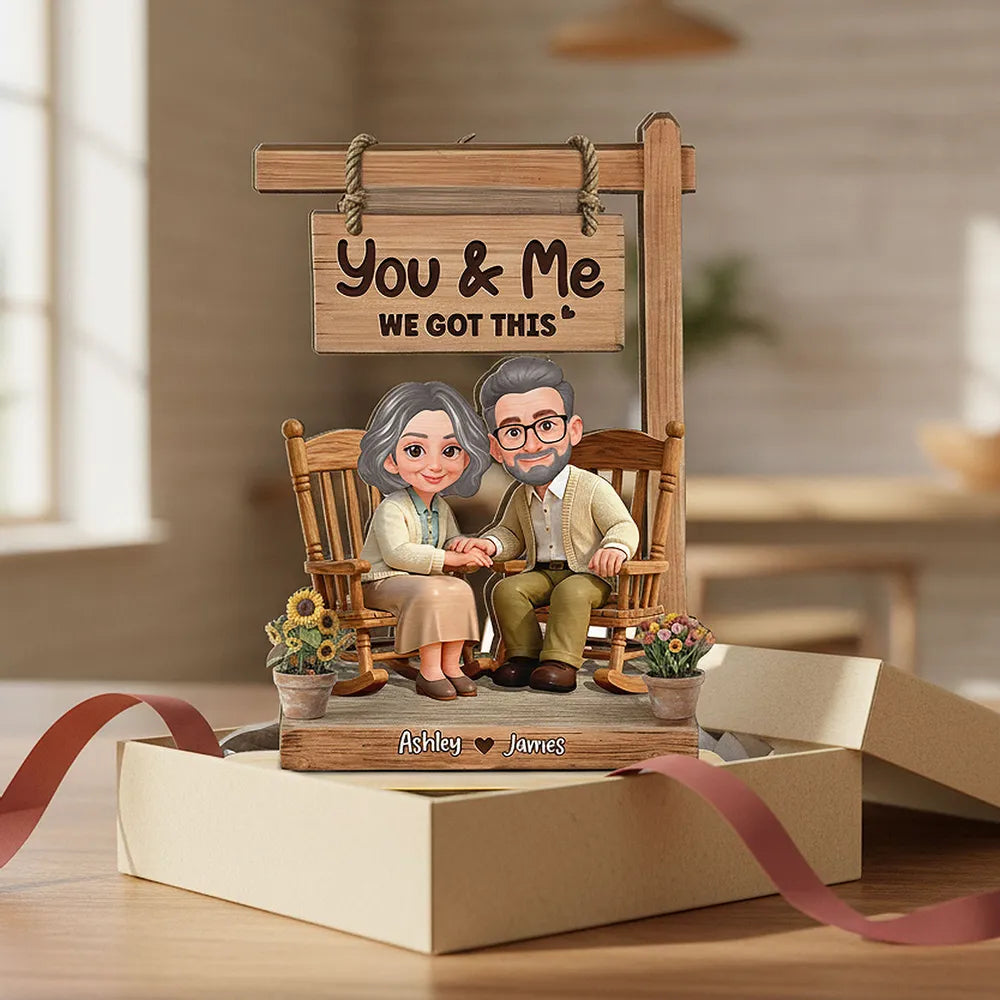 You & Me We Got This Personalized 2-Layer Wooden Plaque Sweet Couple Rocking Chair Scene for Anniversary or Valentine's Day Gift