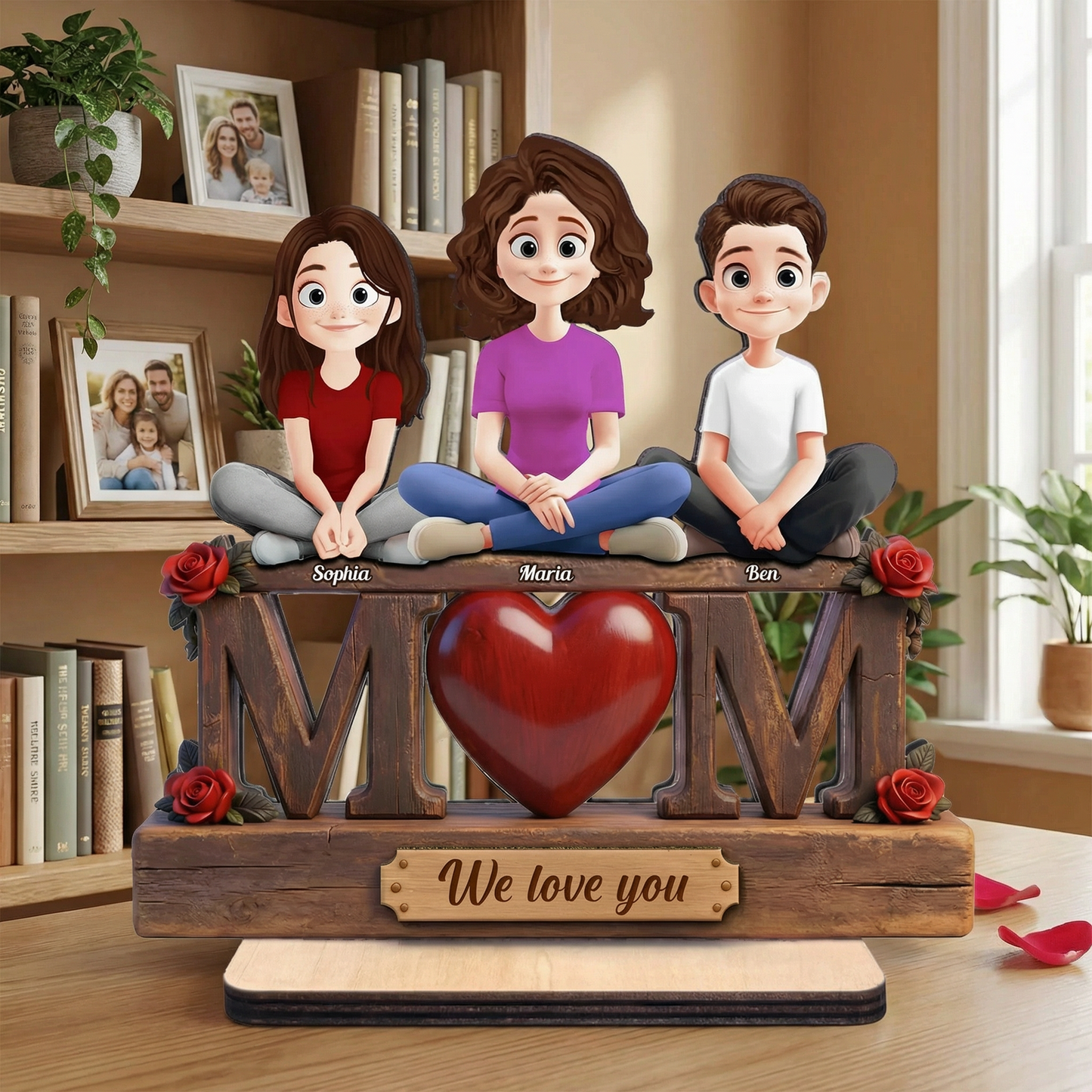 Personalized 2-Layer Wooden Plaque with Custom Cartoon Family and We Love You Message, Unique Gift for Mom