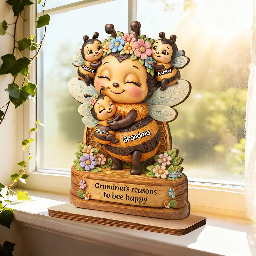 Personalized 2-Layer Wooden Plaque Grandma's Reasons to Bee Happy Cute Bee Family Keepsake Unique Gift for Grandma