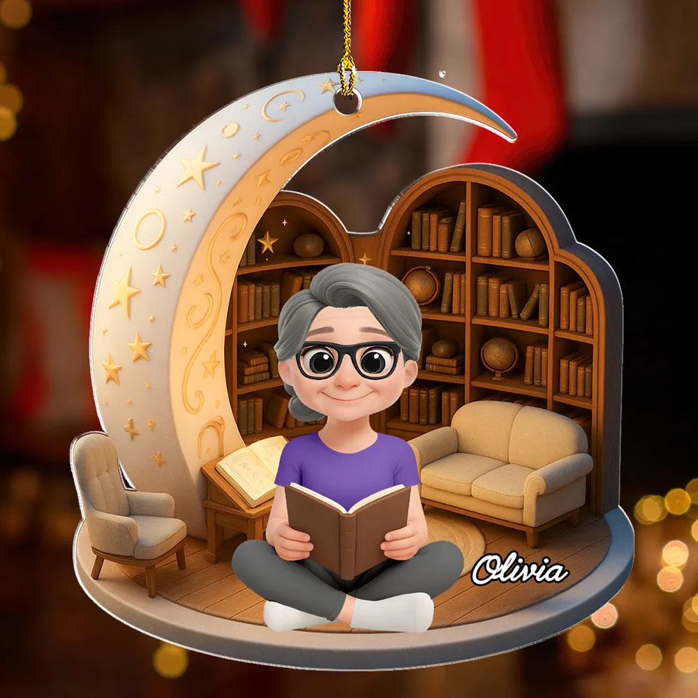 Book Lover Acrylic Ornament – Cozy Moonlight Reading Scene, High-Clarity Collectible Gift for Readers