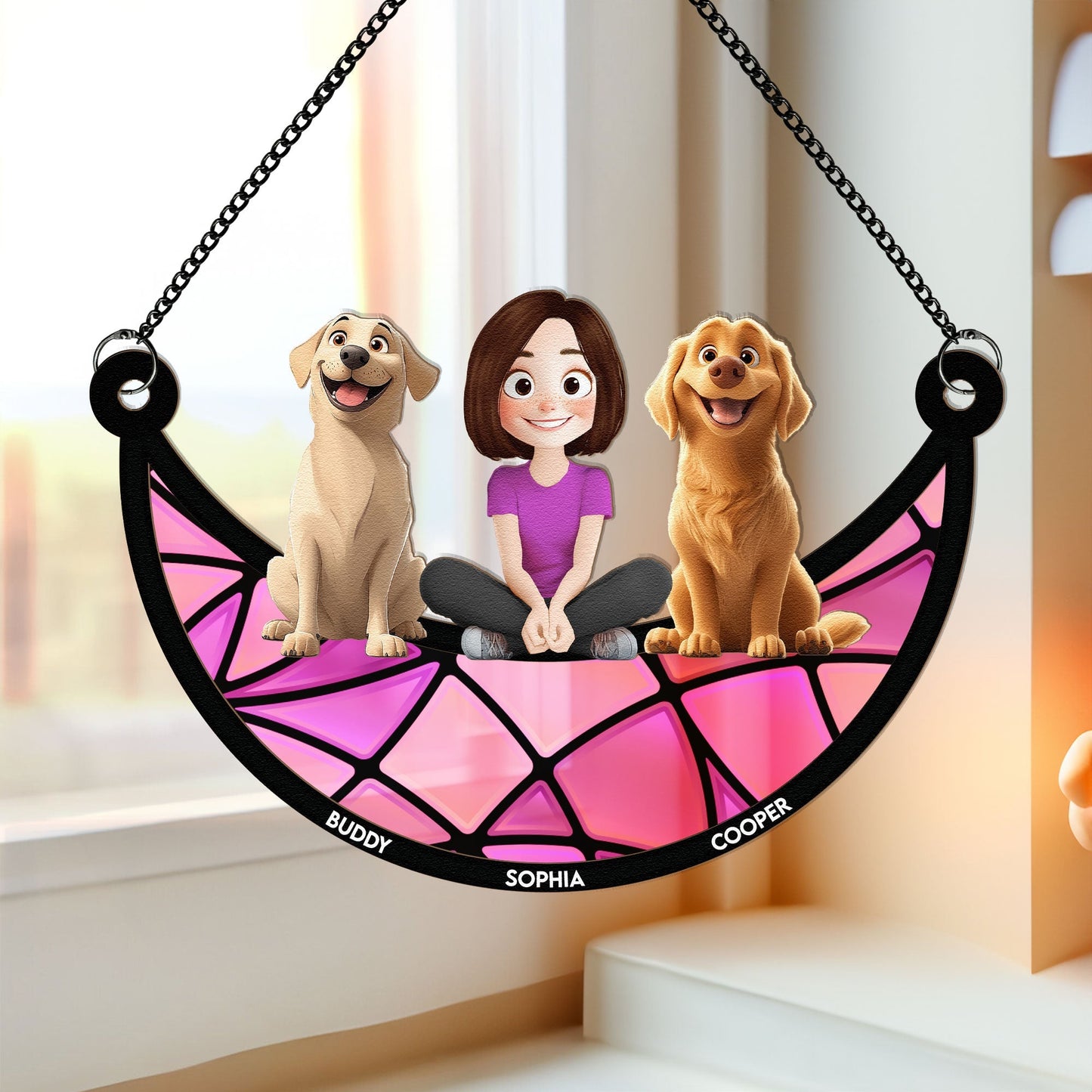 Personalized Dog Lovers Ornament – Cute Family Hanging with a Girl and Her Dogs, Perfect Gift for Dog Lovers, Ideal for Valentine's Day and Birthday, Wood and Acrylic Layered Ornament