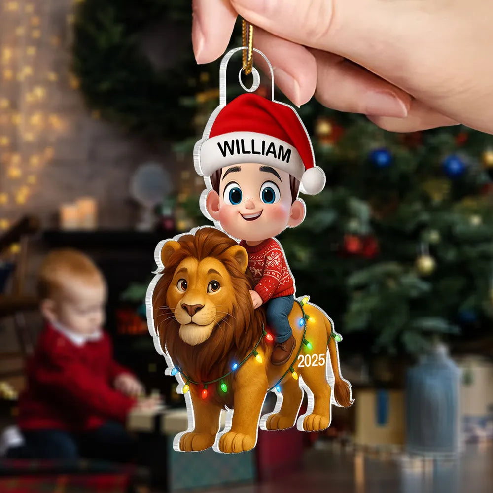 Christmas Acrylic Ornament with Cute Child Riding Lion, Festive Illustration, Perfect Gift for Kids