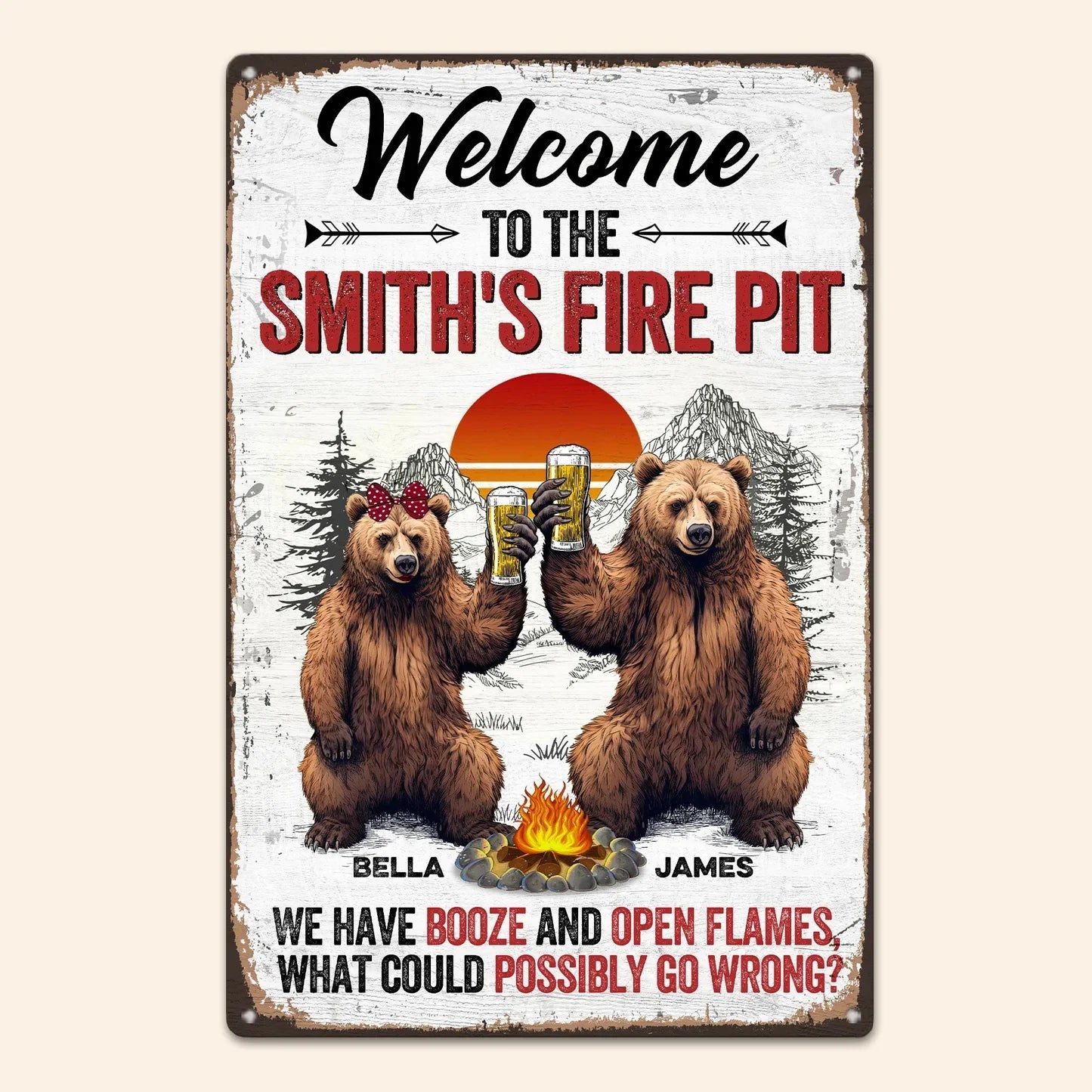 Personalized Rectangular Iron Sign for the Fire Pit - Funny Welcome Bear Toast Outdoor Decor, Unique Gift