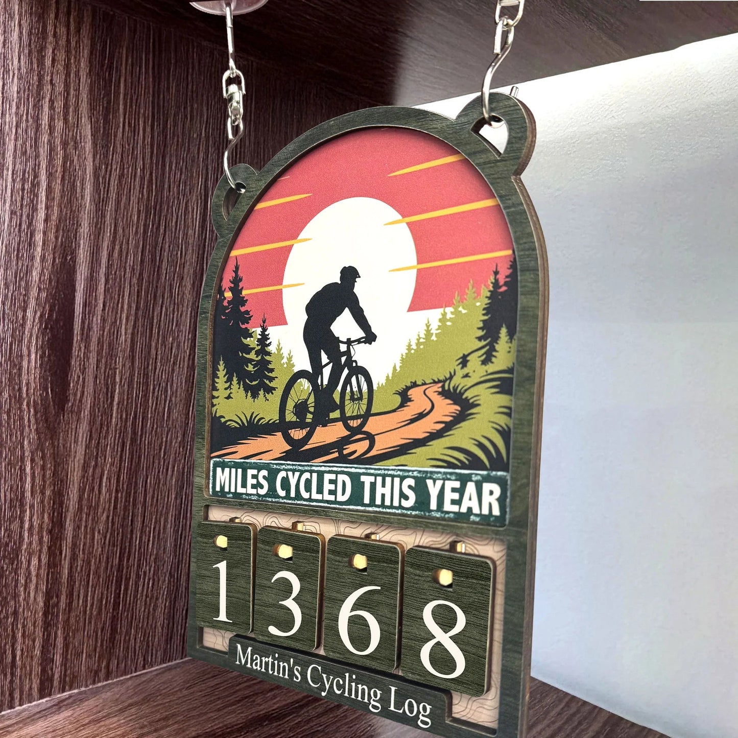 Personalized Wooden Hanging Tracker for Cyclists, Miles Cycled This Year Sign, Unique Gift for Bike Lovers