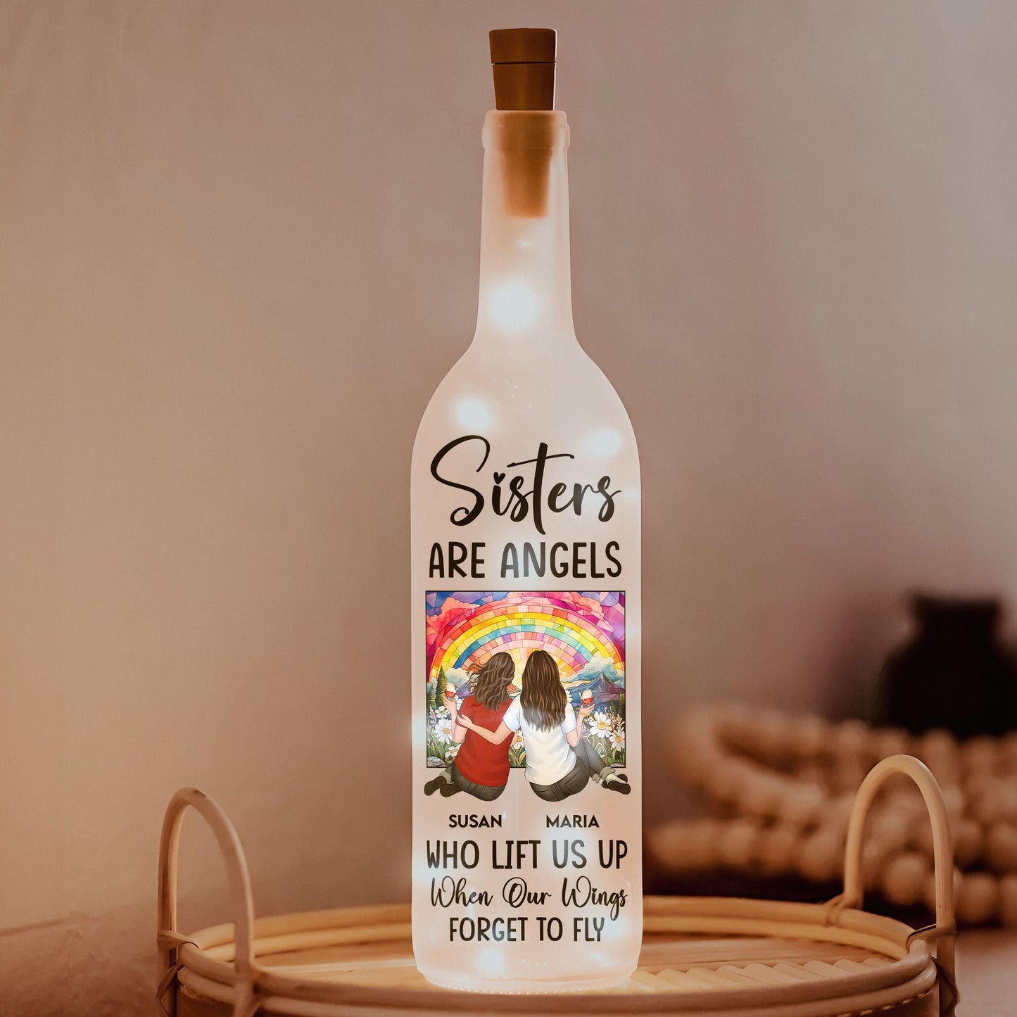 Bottle Lamp Sisters Are Angels design – warm decorative light with soft glow, meaningful home décor for shared memories, gift-ready for best friends and sisters