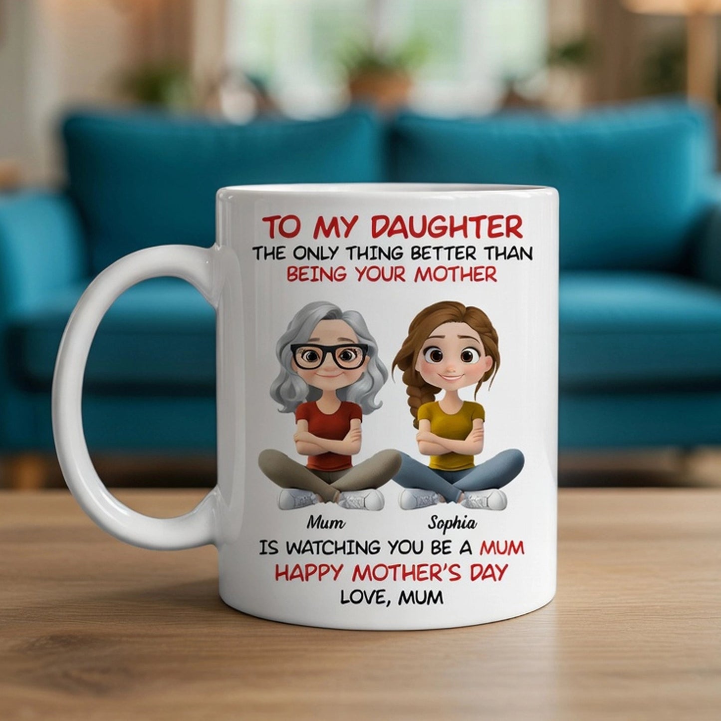 To My Daughter Ceramic Mug, Personalized Cartoon Mom and Daughter, Heartwarming Quote Gift for Daughter, Daily Coffee