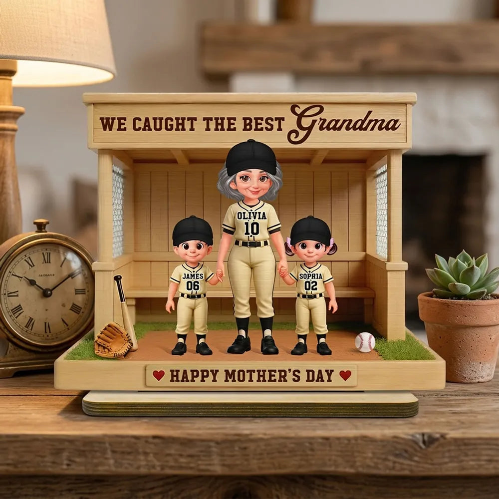 Personalized 2-Layer Wooden Plaque with Baseball Grandma and Grandkids in a Dugout - Unique Mother's Day Gift