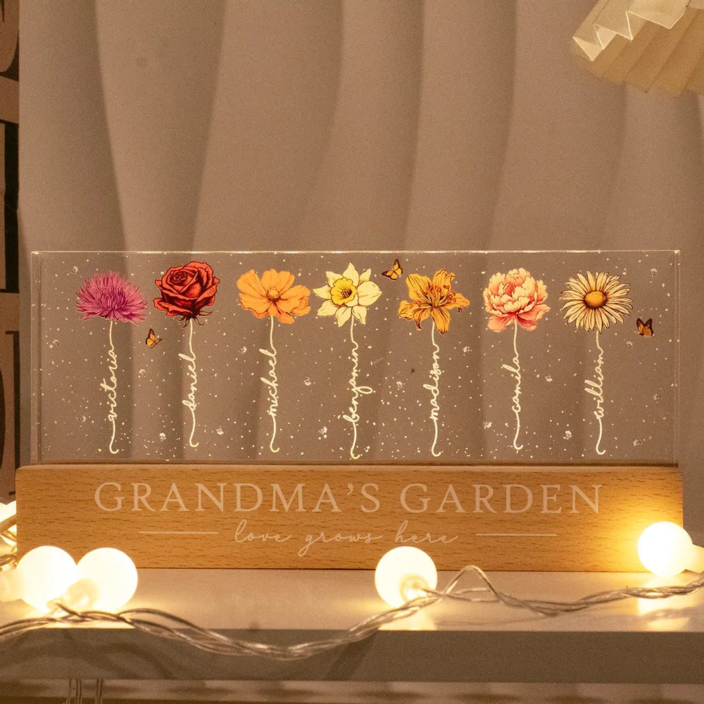 Personalized LED Plaque with Grandkids' Names & Birth Month Flowers