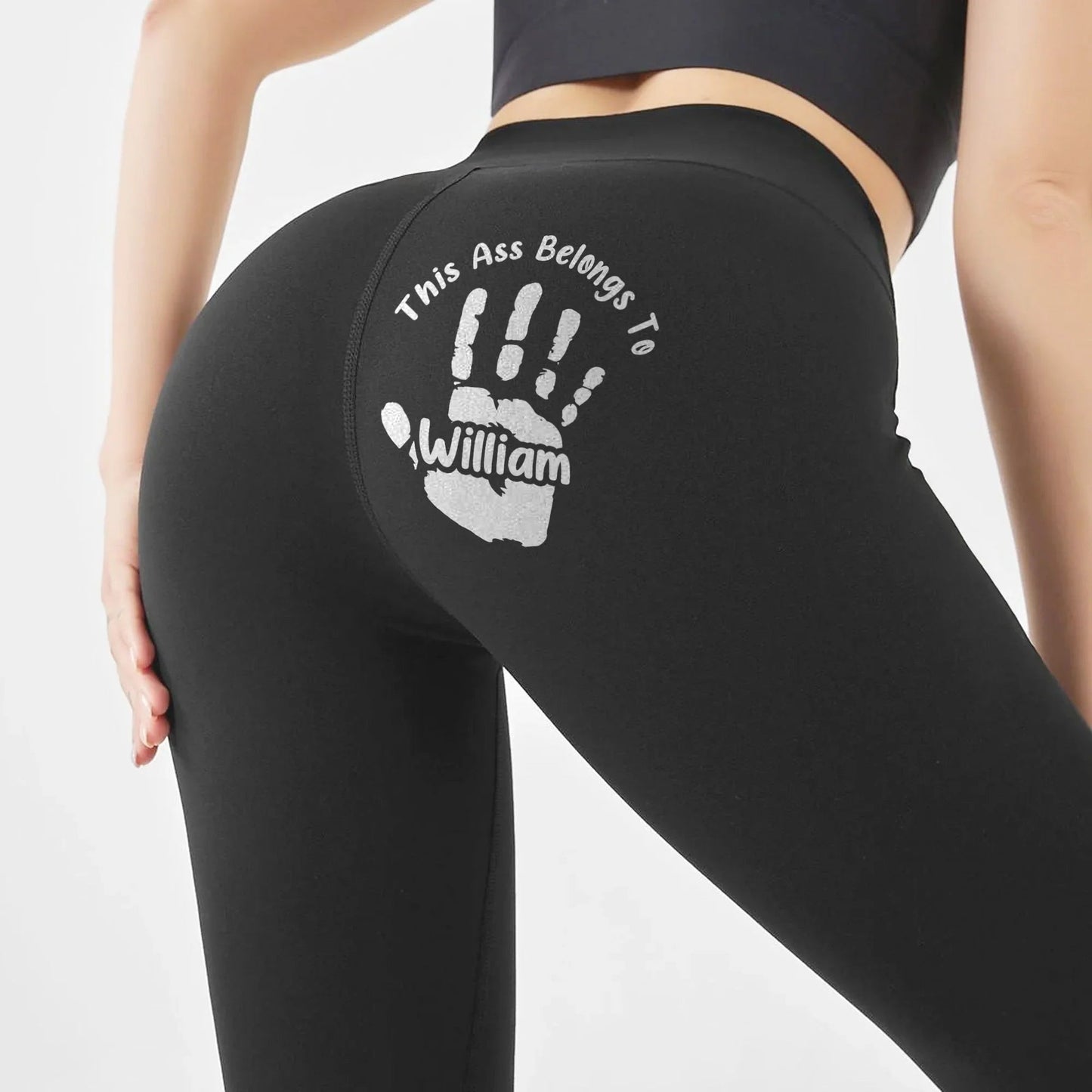 Women's Leggings With Playful 'This Ass Belongs To' Handprint, Personalized Funny Couple Gift