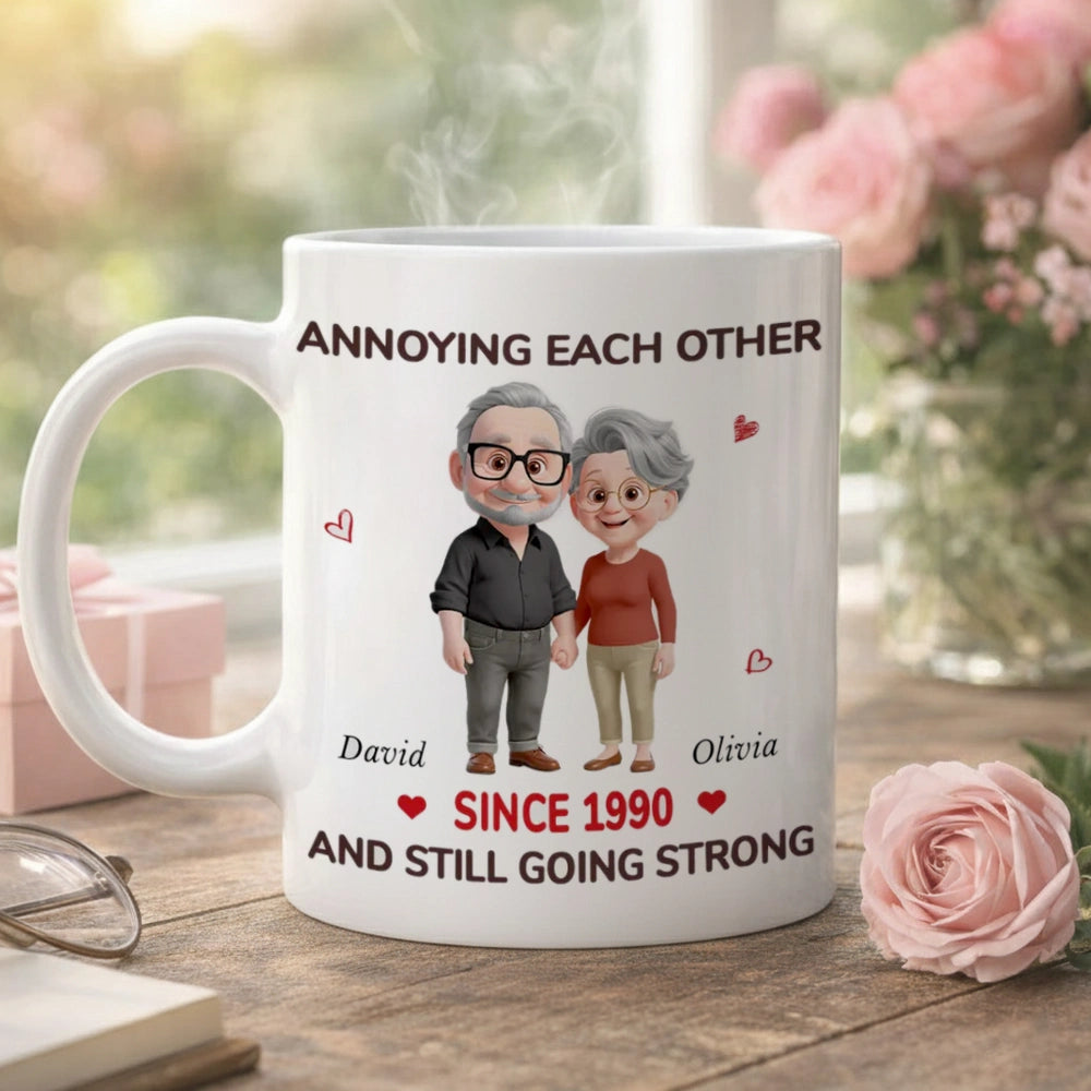 Personalized White Ceramic Mug with Cute Couple Cartoon and Hearts, Funny 'Annoying Each Other' Unique Gift for Couples
