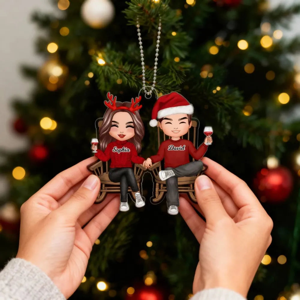 Personalized Couple Acrylic Car Hanger, Cute Sitting Together Christmas Mirror Decor, Unique Gift for Him or Her