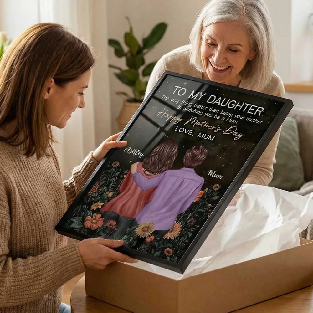 To My Daughter Personalized Poster, Heartwarming Mum Message with Golden Script and Floral Night Sky, Unique Mother's Day Gift