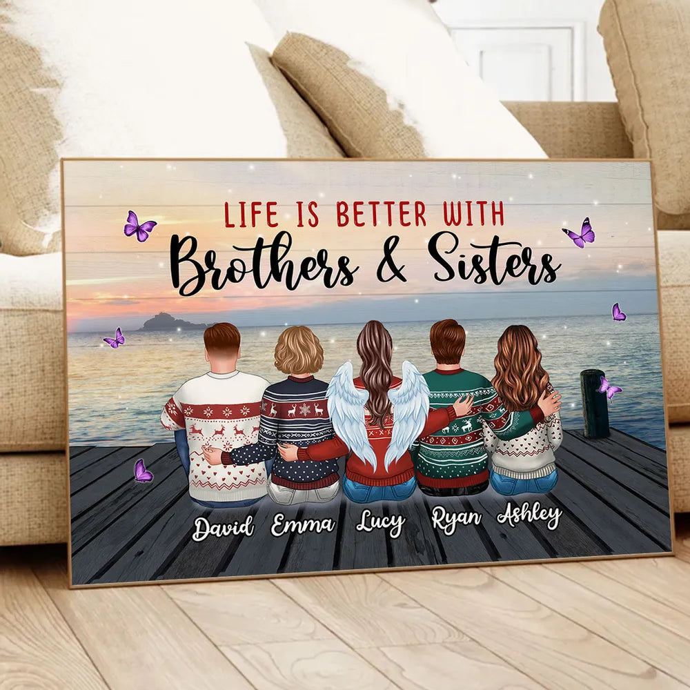 Personalized Brothers & Sisters Sunset Dock Poster, Sitting Siblings Wall Art, Unique Gift for Family