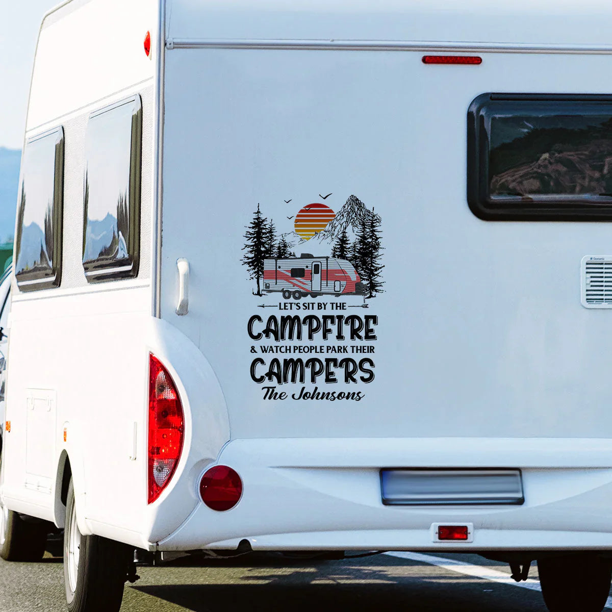 Personalized Sticker Decal RV Campfire Quote with Sunset Mountains, Unique Camping Gift for Camper Families