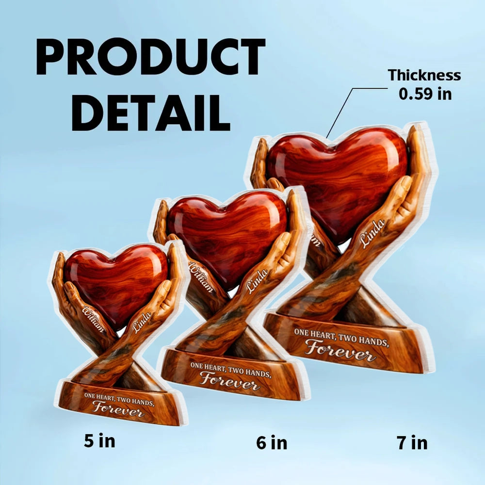 Shaped Acrylic Block Plaque with Heart Held by Two Hands, 'One Heart, Two Hands, Forever' Love Memory, Thoughtful Gift