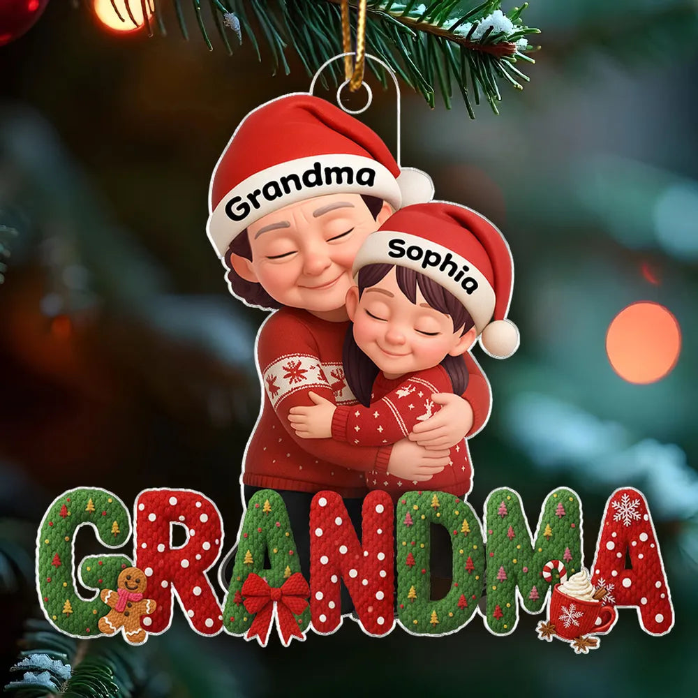 Grandma & Grandkids Acrylic Ornament, Santa Hats Hugging Design, Christmas Tree Decor, a unique gift for Grandma