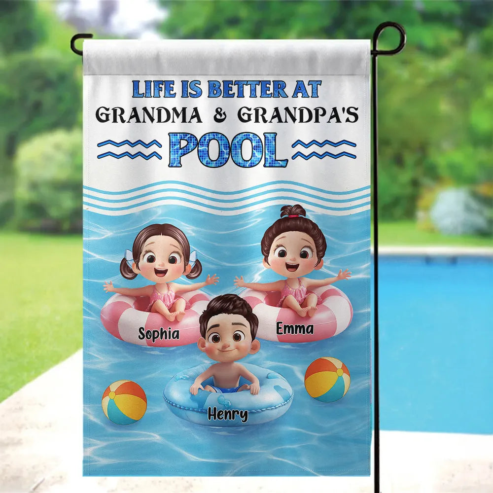 Life Is Better At Grandma & Grandpa’s Pool – Personalized Garden Flag with Kids in Floaties – Summer Gift for Grandparents
