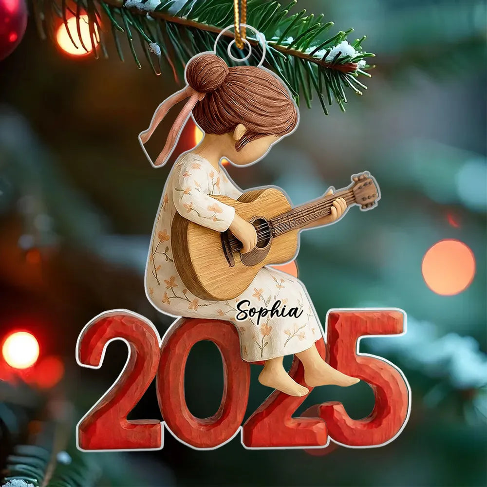 Personalized Acrylic Ornament Girl Playing Guitar Holiday Decor, Cute Keepsake Gift For Music Lover