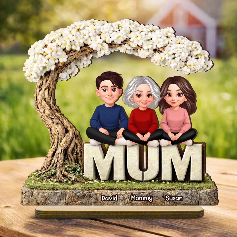 2-Layer Wooden Plaque Personalized Family Scene Under a Flowering Tree, Warm Home Display, Heartfelt Gift for Mom