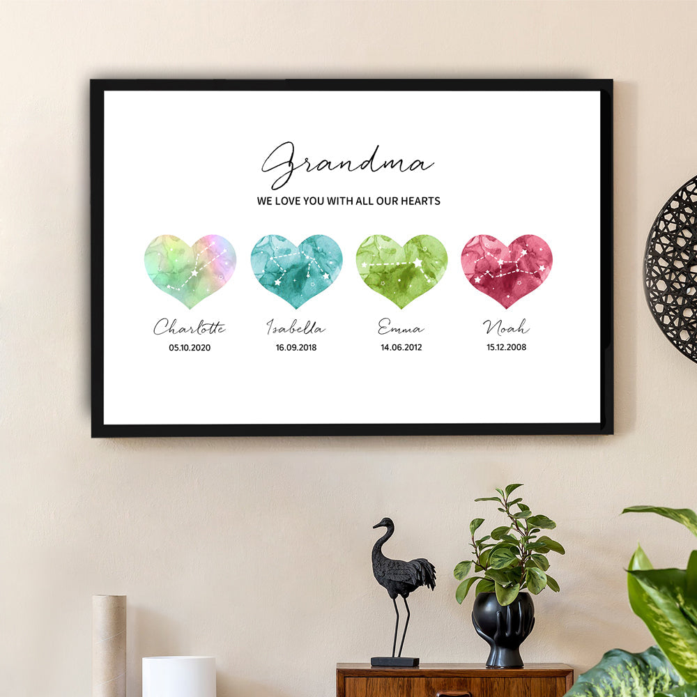 Grandma - A Heartfelt Thank You – LED Light Frame with Custom Heart Designs and Family Birthdays – Perfect Personalized Gift for Grandmothers
