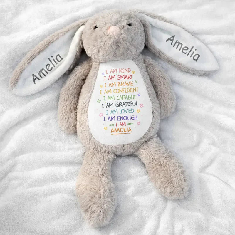 Personalized Plush Bunny with Affirmation Quote, Soft Nursery Comfort Gift for Kids and Baby Showers