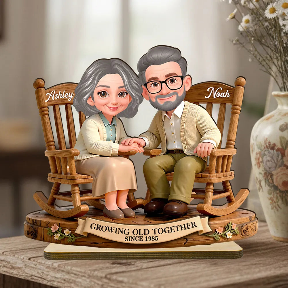 Personalized 2-Layer Wooden Plaque with Couple Holding Hands in Rocking Chairs, Sweet Keepsake Decor, Unique Gift for Wife or Husband