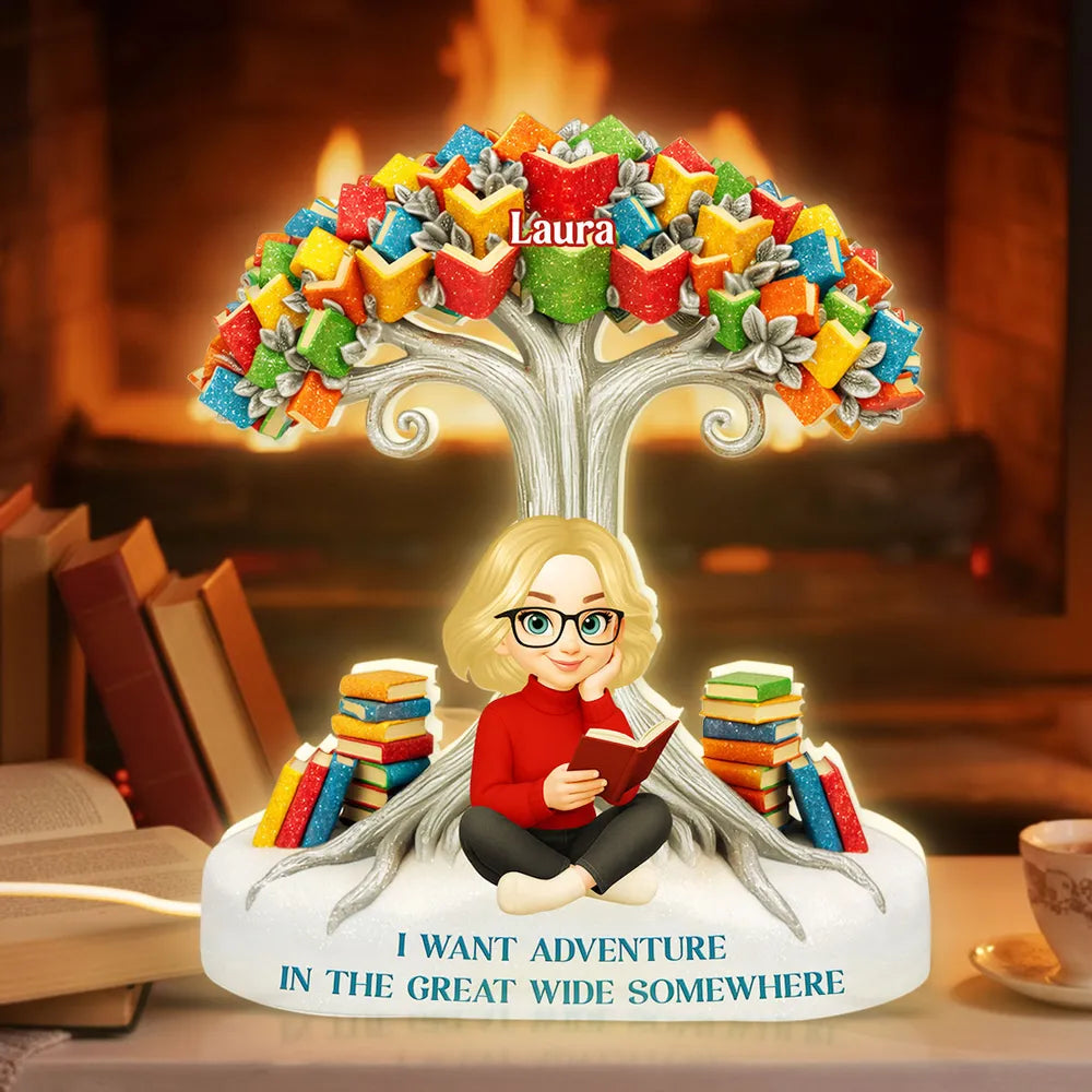 Acrylic Light Box with Reading Girl and Book Tree, Personalized Keepsake for Bedroom or Bookshelf, Thoughtful Gift