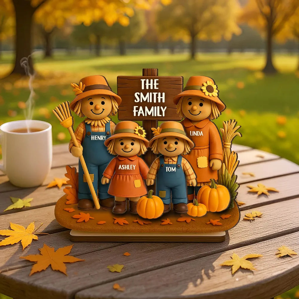 Personalized Scarecrow Family Wooden Plaque – Cozy Harvest Décor for Home