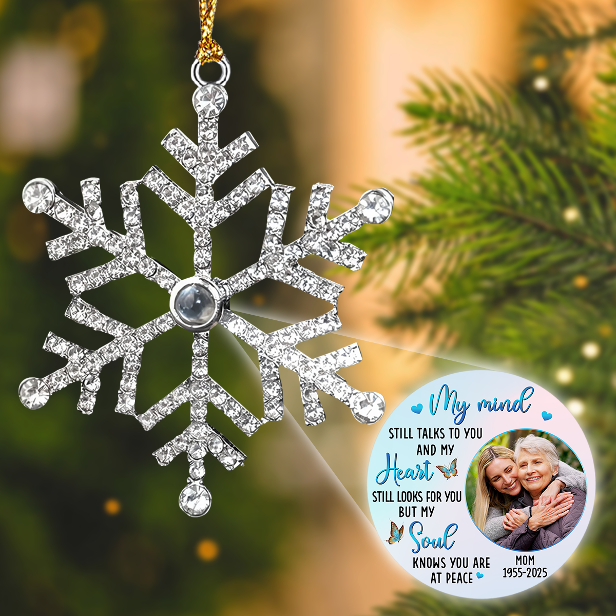 Personalized Photo Projection Ornament for Mom Remembrance – Snowflake Keepsake, Comforting Holiday Gift with Heartfelt Message