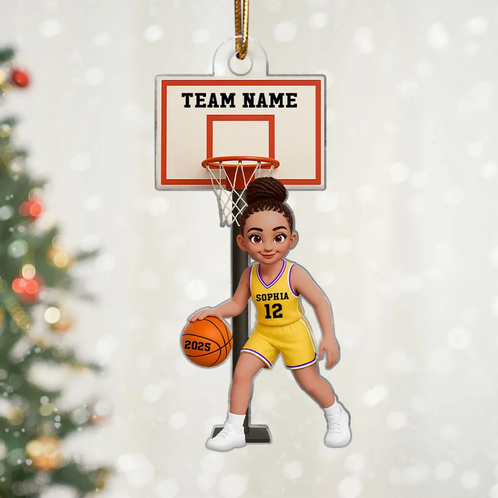 Acrylic Ornament, Cute Basketball Girl Dribbling on Indoor Court, Personalized, Creative Gift for Daughter, Player, or Coach