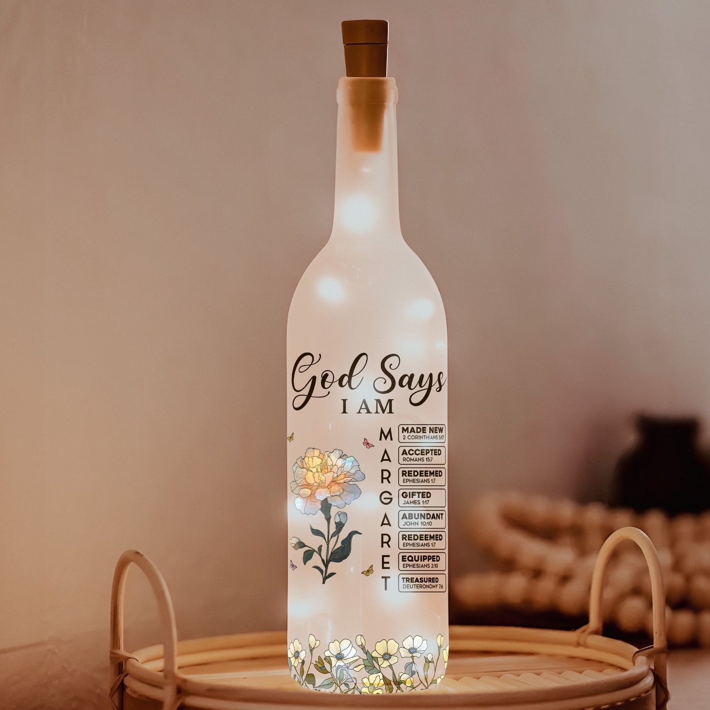Faith-Inspired Bottle Lamp with Floral Scripture Design – Perfect Gift for Spiritual Home Décor
