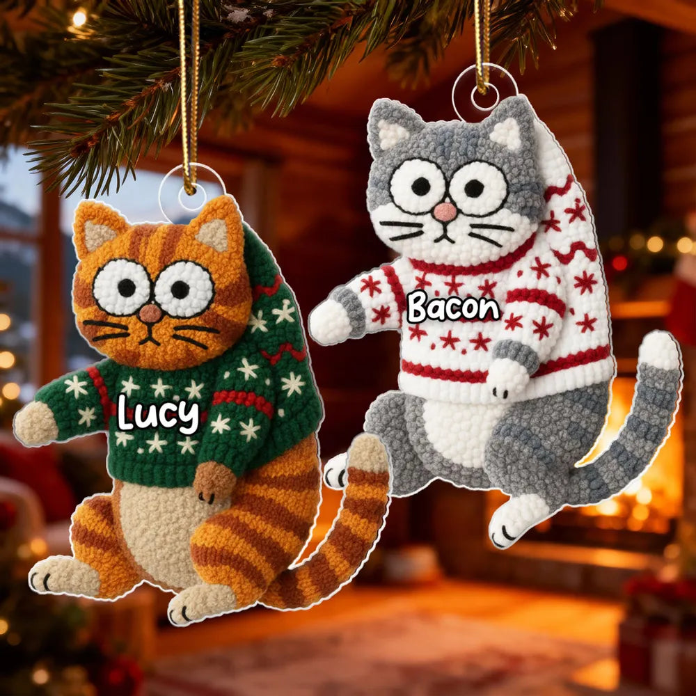 Personalized Cat Acrylic Christmas Ornament with Cozy Latch-Hook Look Sweater – Cute Holiday Gift for Cat Lovers