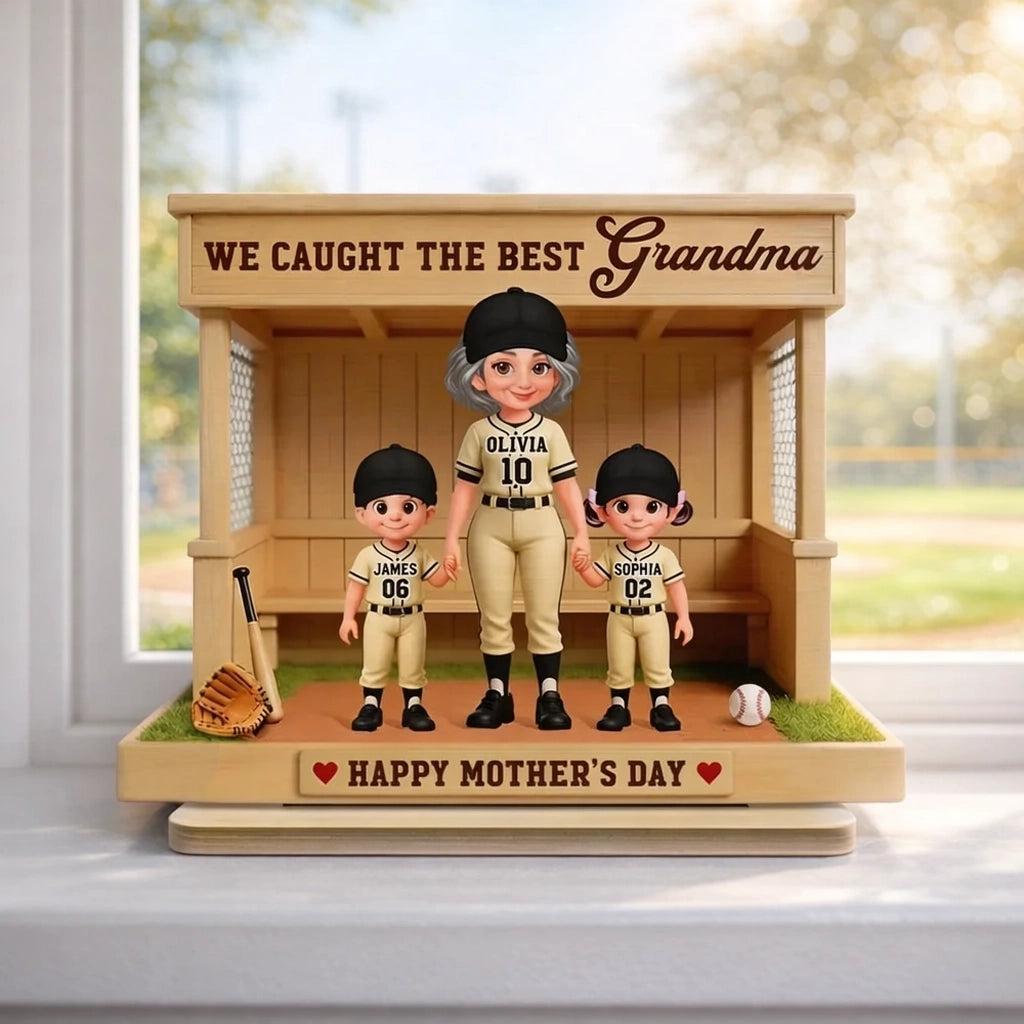 Personalized 2-Layer Wooden Plaque with Baseball Grandma and Grandkids in a Dugout - Unique Mother's Day Gift