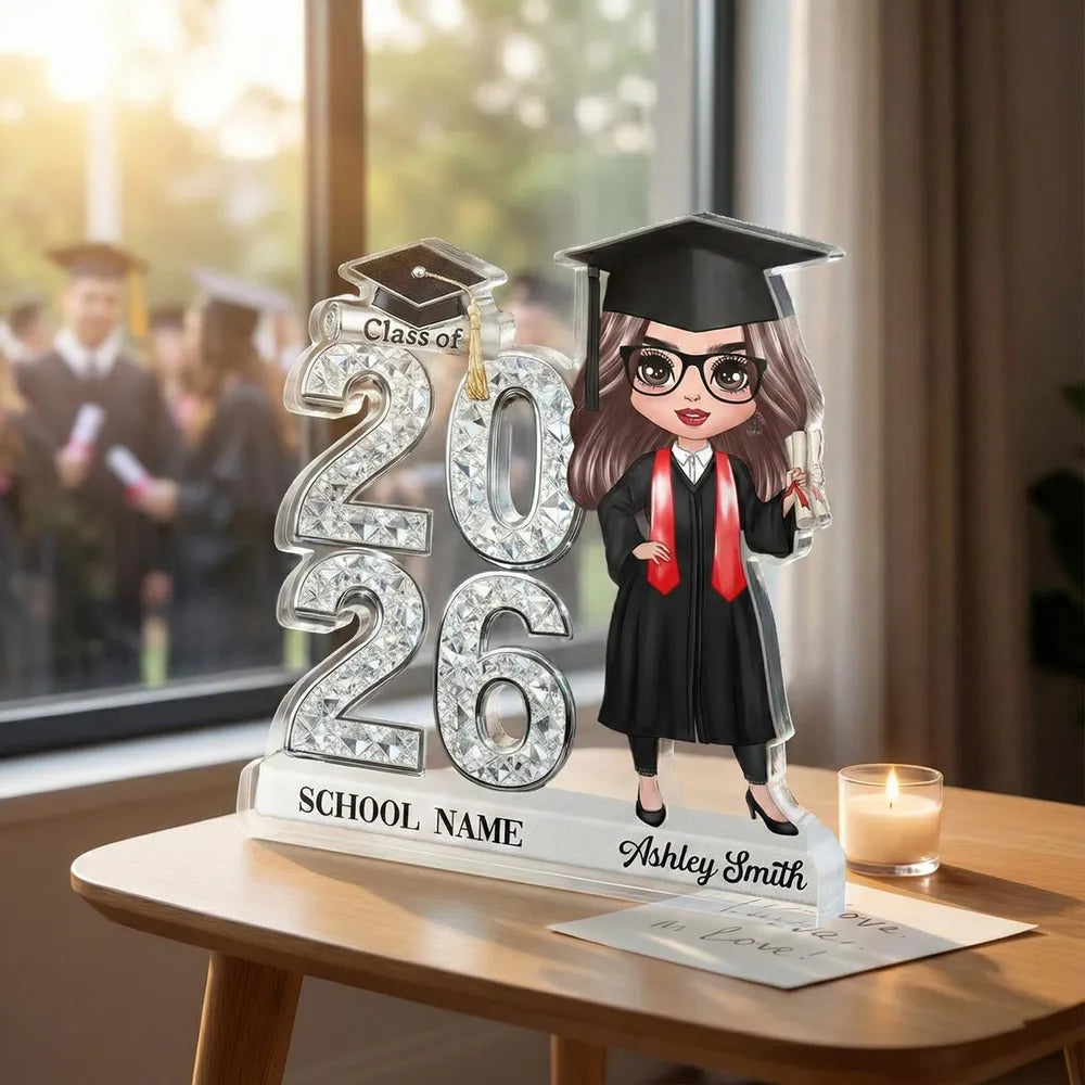 Shaped Acrylic Block Plaque Personalized for Graduation, Glam Class Year Display with Grad Girl Holding Diploma, Thoughtful Gift