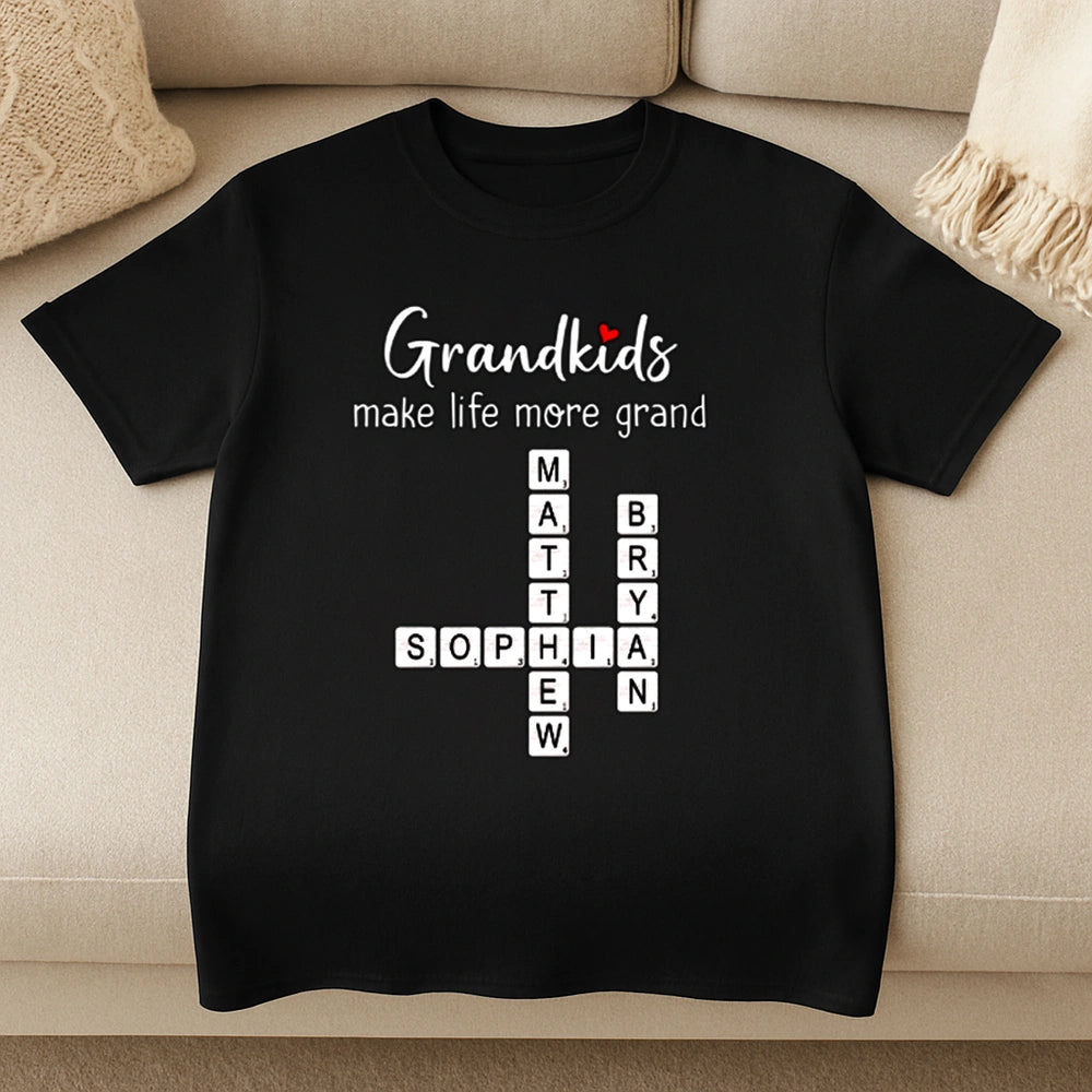 Grandkids Make Life More Grand Classic Tee, Personalized Crossword Name Shirt, Unique Gift for Grandma or Mom
