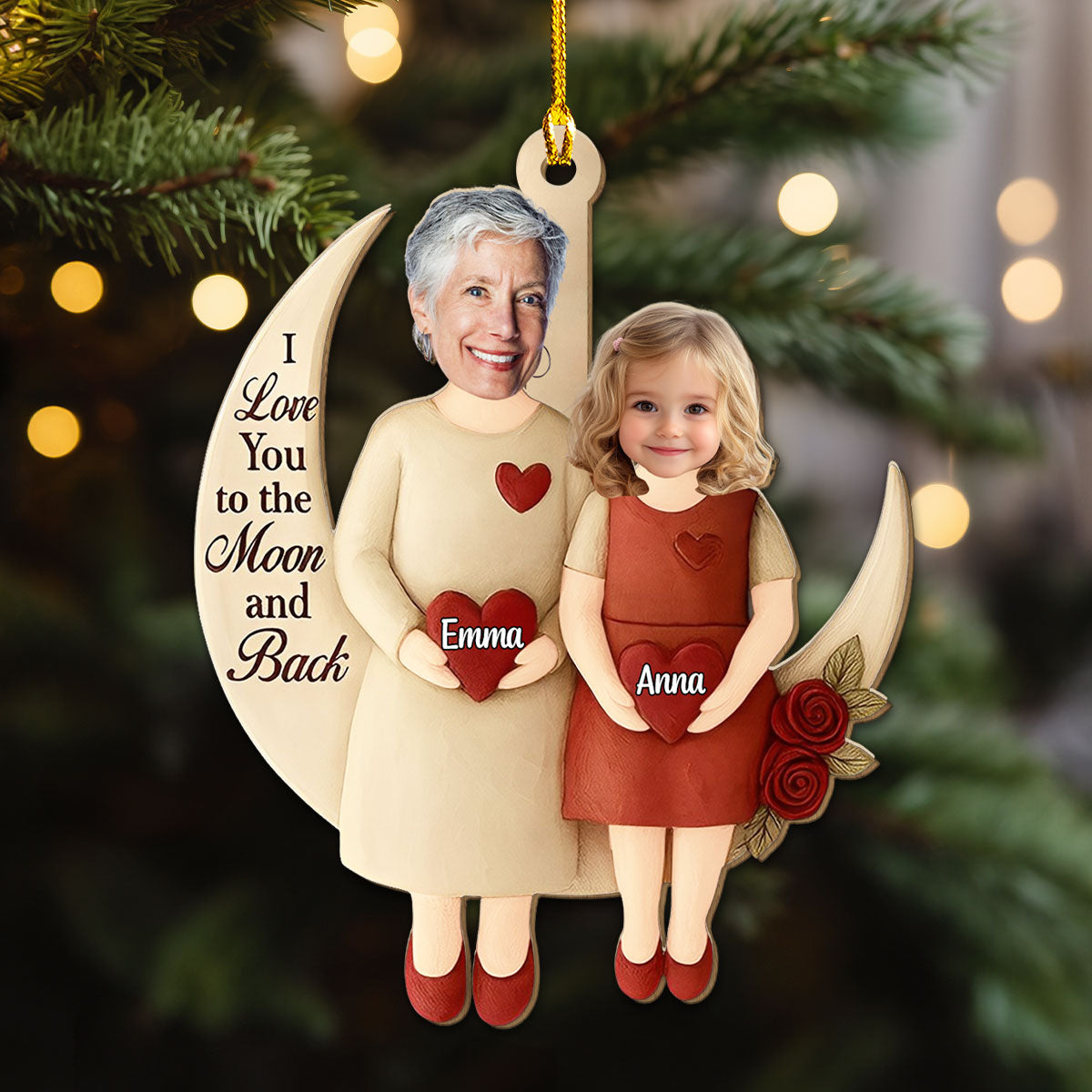 Wooden Ornament Crescent Moon, I Love You to the Moon and Back, Christmas tree decor, unique gift for Grandma & Granddaughter