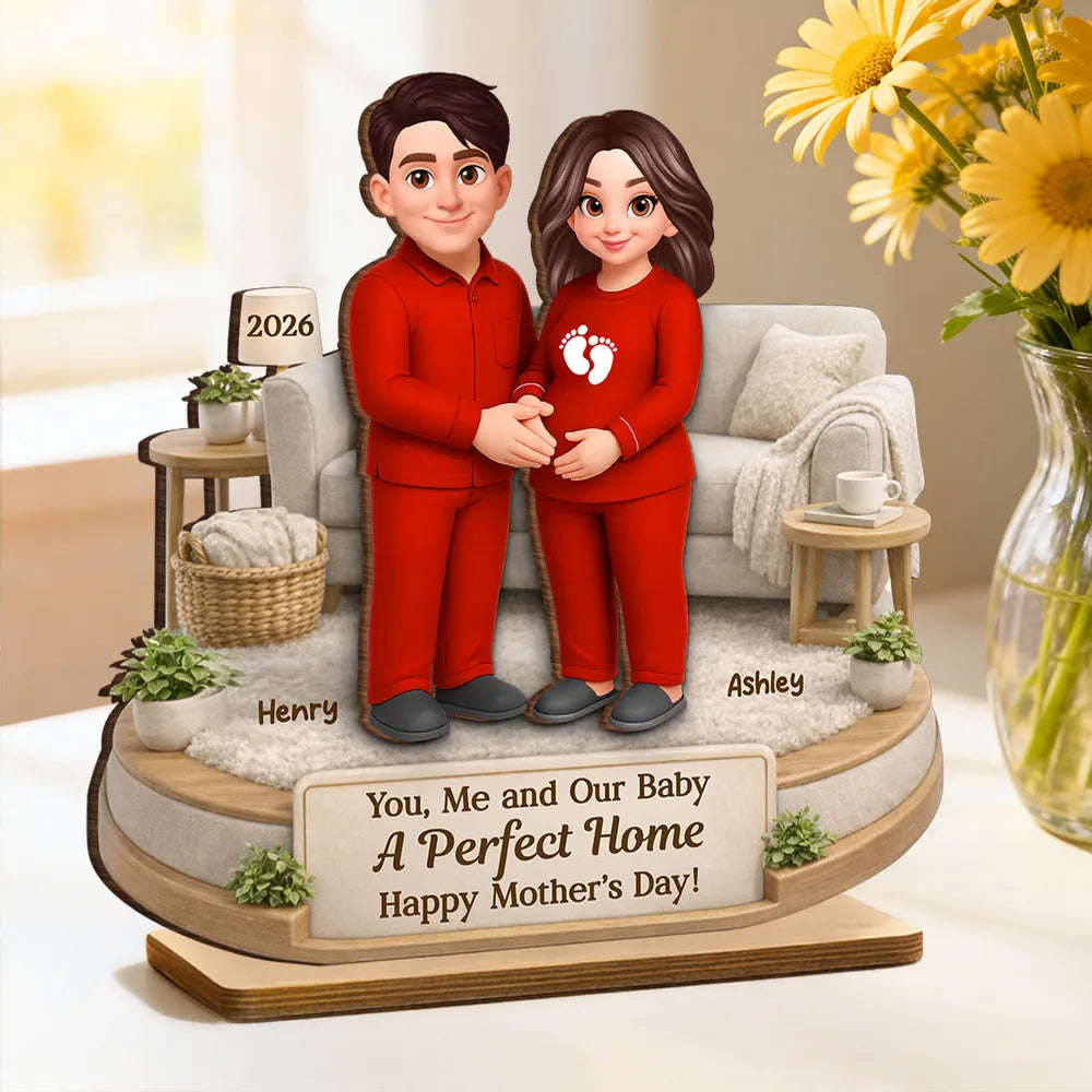 Personalized 2-Layer Wooden Plaque for Expecting Couple in Cozy Living Room Scene, Unique Mother's Day Gift