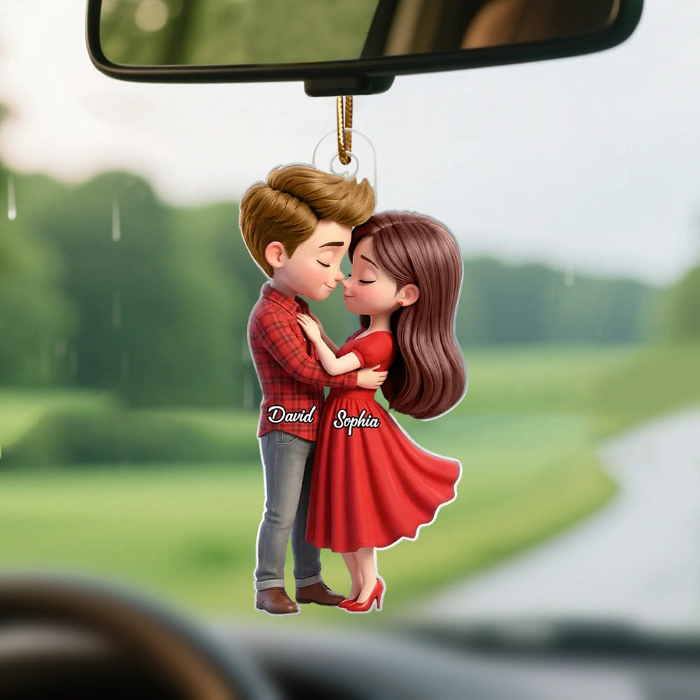 Personalized Couple Hugging Acrylic Car Hanger Rearview Mirror Decor, Cute Cartoon Style, Unique Romantic Gift for Him or Her