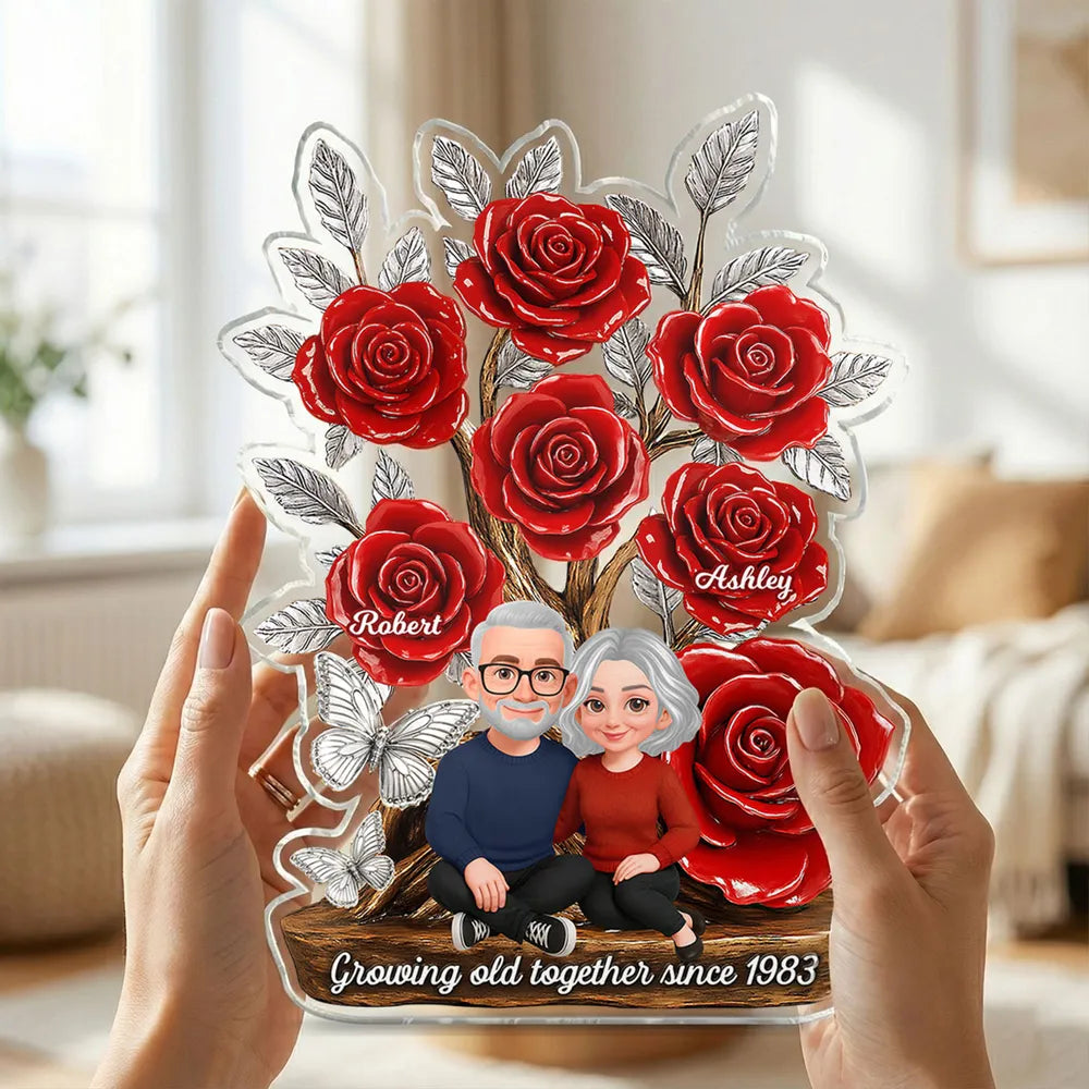 Personalized Shaped Acrylic Block Plaque with Red Rose Tree Couple Sitting Together, Unique Romantic Gift