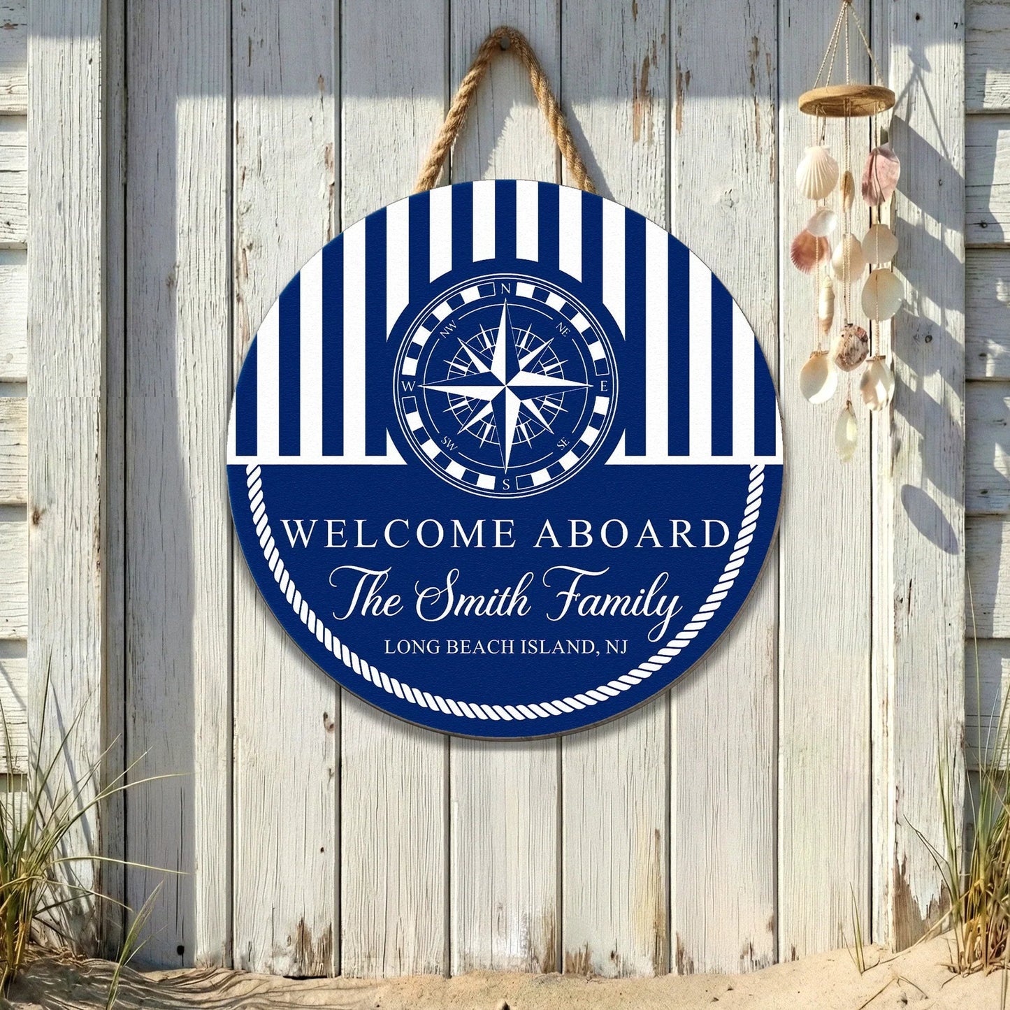 Personalized Welcome Aboard Wooden Sign With Nautical Compass And Stripes, Unique Coastal Gift For Families