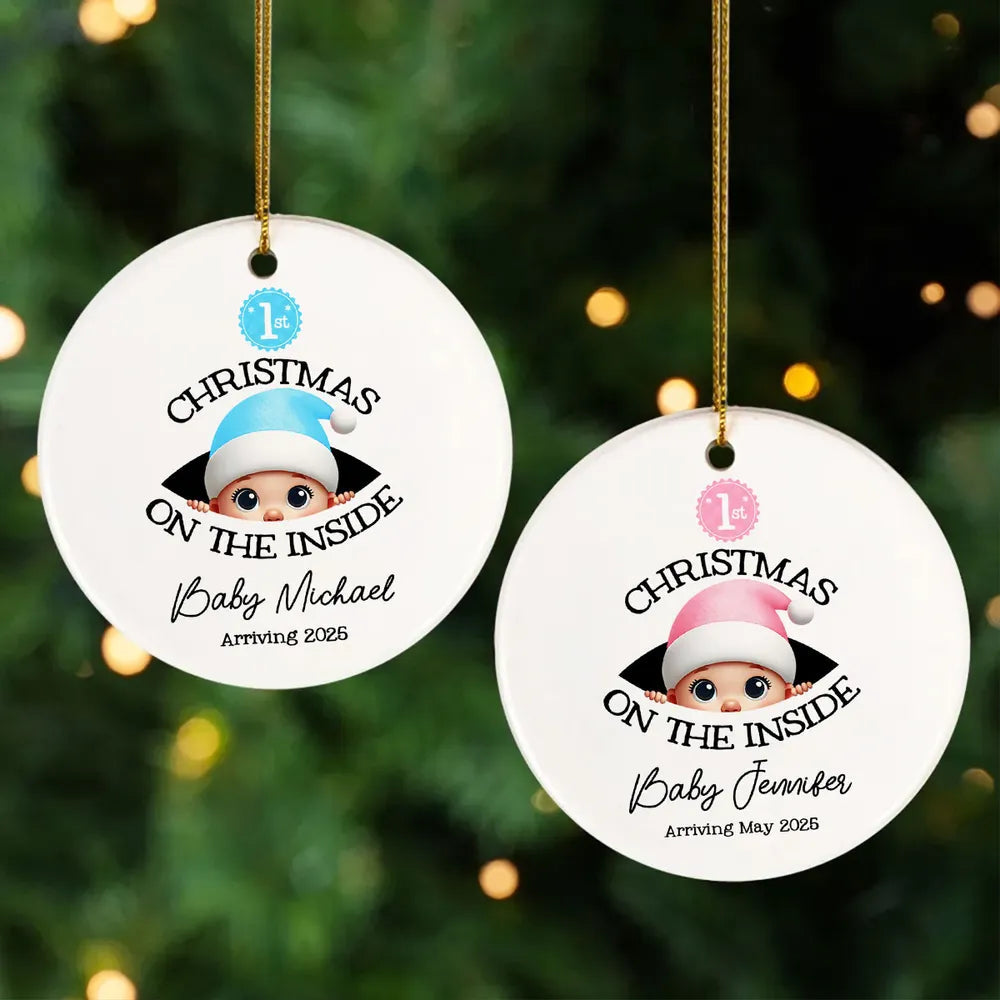 Personalized Christmas Ceramic Ornament for Expecting Parents, Baby Peeking Design, Unique Holiday Keepsake Gift