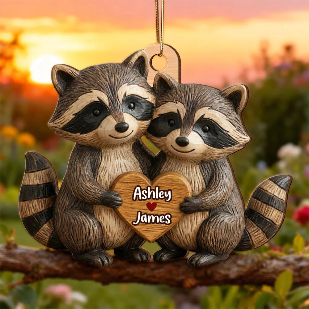 Wooden Ornament with Personalized Name Look, Adorable Animal Couple Hugging with Heart, Sweet Holiday Gift