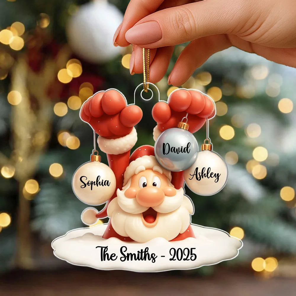 Santa Family Acrylic Ornament, festive bauble design with Santa holding ornaments, perfect gift for families, cozy tree decoration