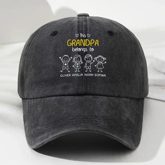 Washed Denim Baseball Cap with Stick-Figure Grandkids Art, Vintage Adjustable, Breathable - a Unique Gift for Grandpa