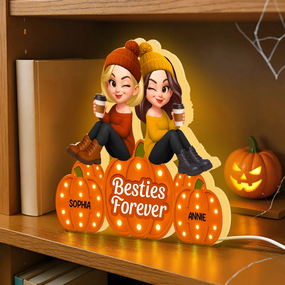Besties Forever Acrylic Light Box with Pumpkin Marquee Glow, Sitting Friends, Cozy Fall Decor, a Unique Gift for Best Friend