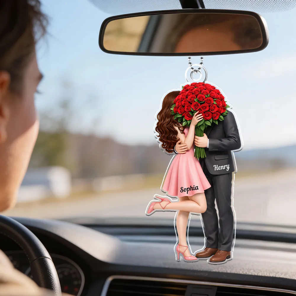 Personalized Acrylic Car Hanger Elegant Couple Hugging with Red Roses, Romantic Rearview Mirror Decor, Unique Gift for Couples